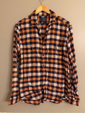J. Crew Navy and Orange Plaid Flannel Shirt
